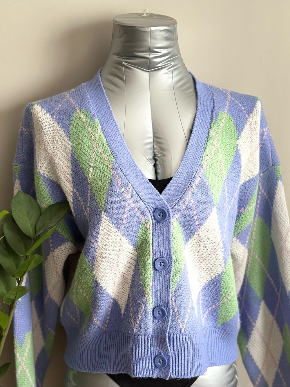 2 for $20 Noisy May Lavender Argyle Button-Front Cardigan with Green and Cream